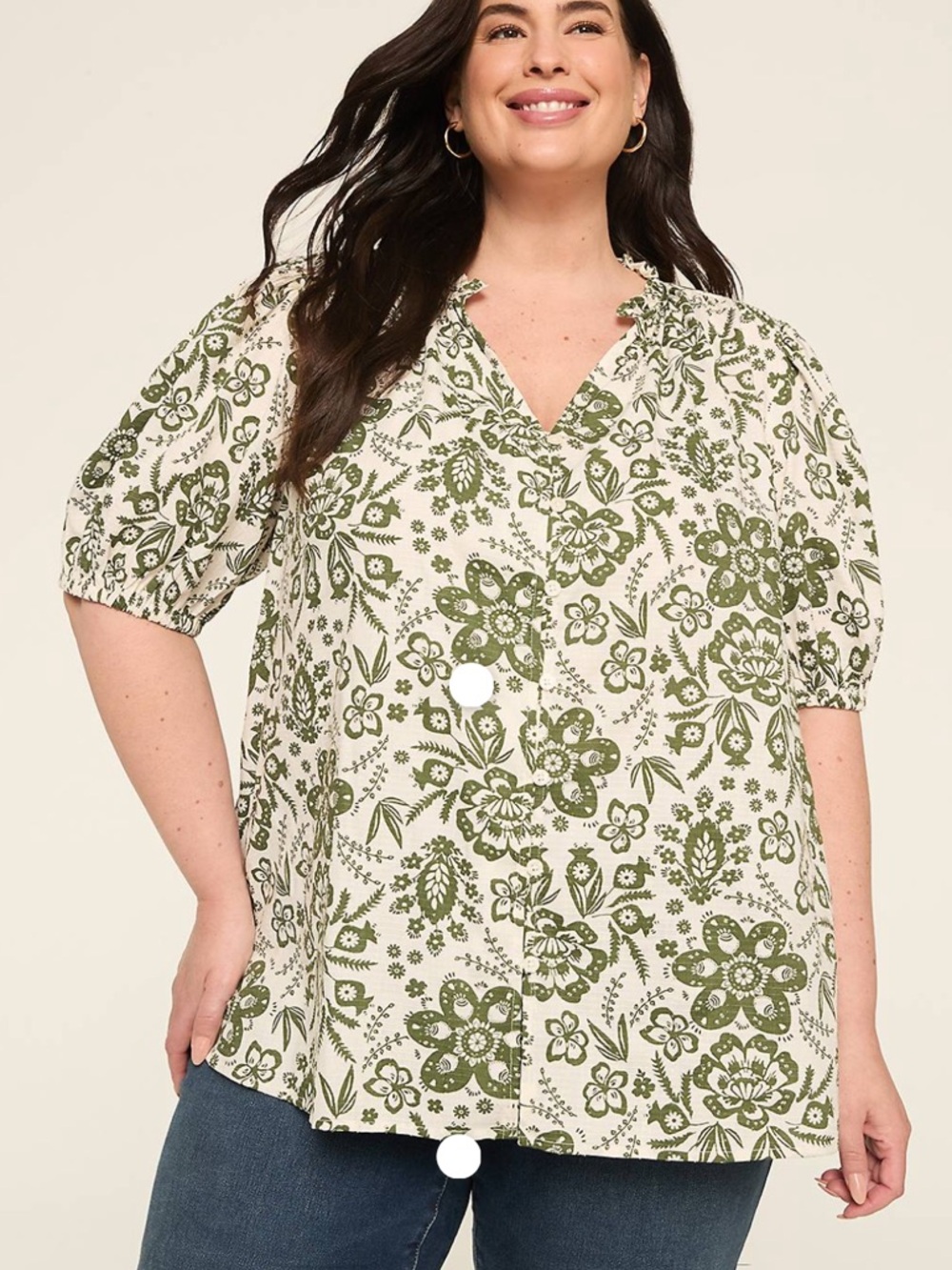 Size 16 Lane Bryant NWT Swing Bubble-Sleeve Button-Front Blouse Olive Floral